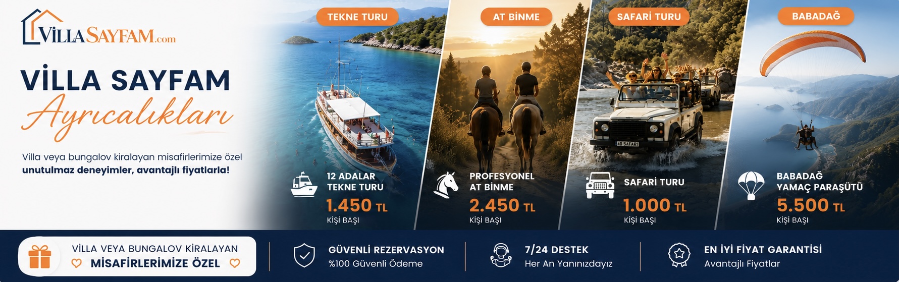 Villa Sayfam ayrıcalıkları — tekne turu, at binme, safari ve yamaç paraşütü fırsatları